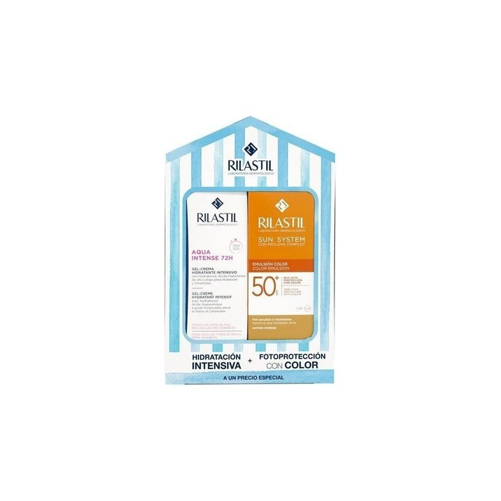Rilastil Pack Aqua Intense 72h Gel-Crema 40ml +  Sun System Emulsión Solar Facial Color SPF50+ 40ml